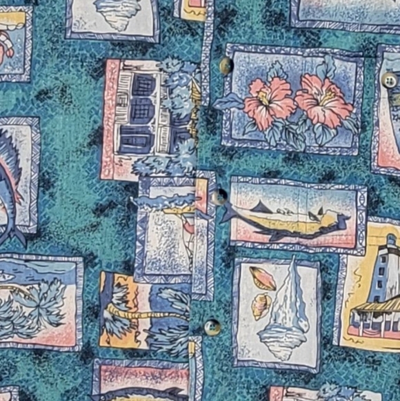 Vintage 90s Global Tracking Fish Flower Floral Post Card Hawaiian Shirt Size M - Picture 5 of 5